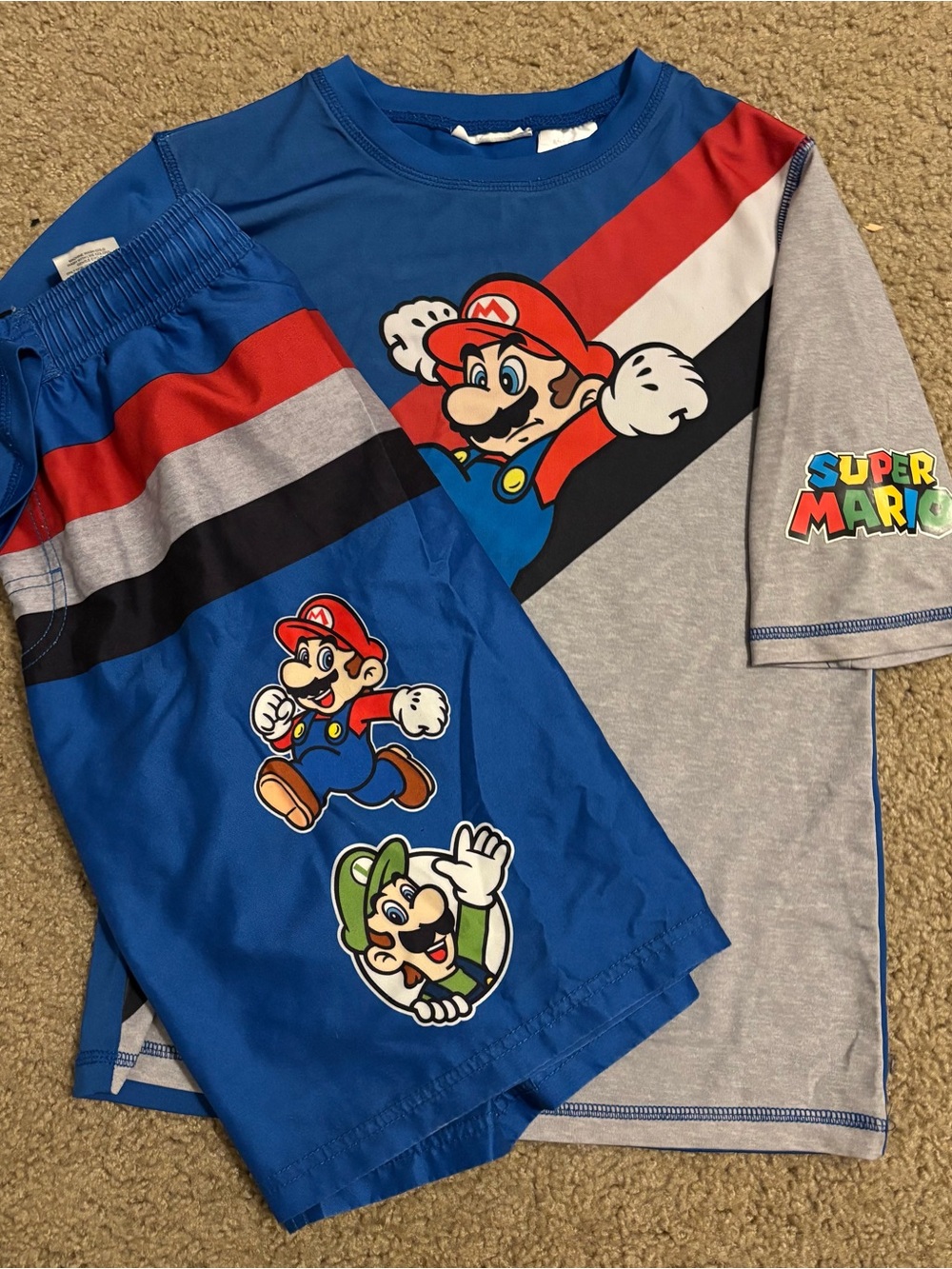 Super Mario Boys' Blue & Gray Swim Trunks Set